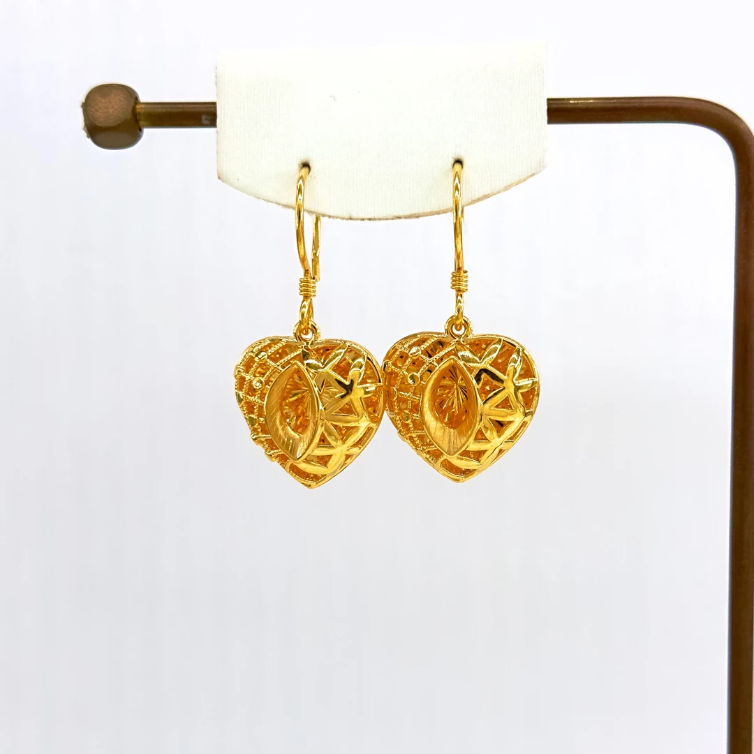 庚震黄金5D足金爱心双层刻面镂空镜面金无氰5D耳钩耳坠5.08