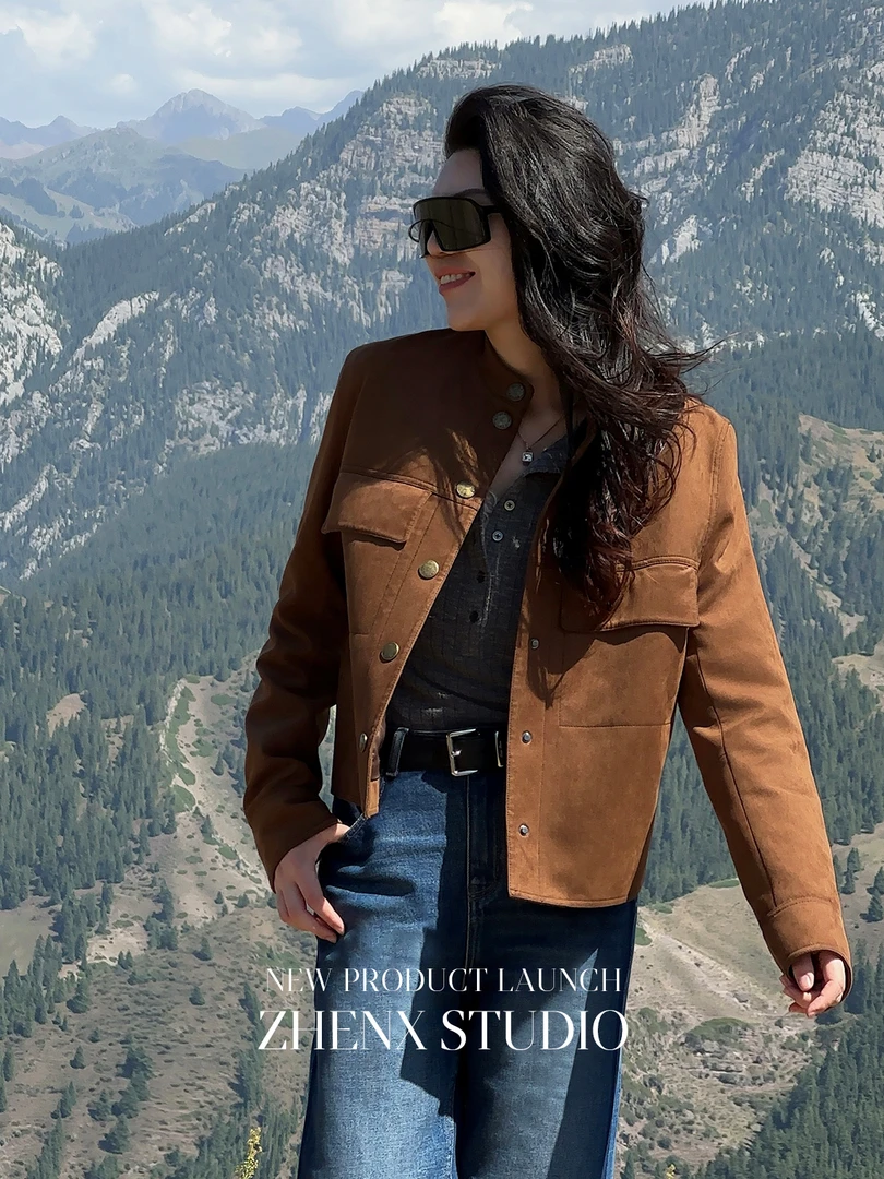 针西【】高个子穿搭春秋时尚短款防风麂皮外套25QDAZ0058