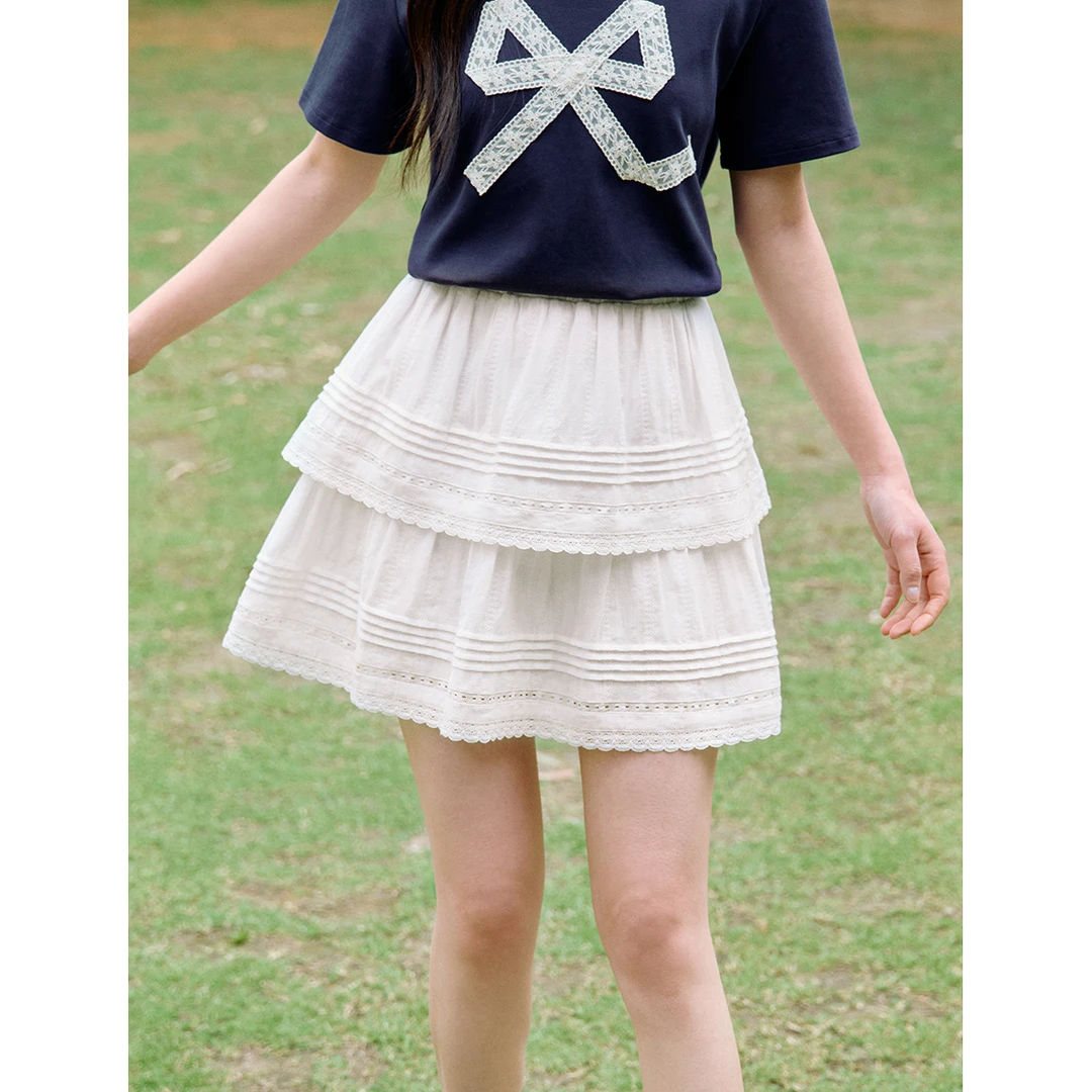 【一秒入夏】茵曼夏季甜美蕾丝高腰白色半身裙时尚百搭蛋糕短裙子