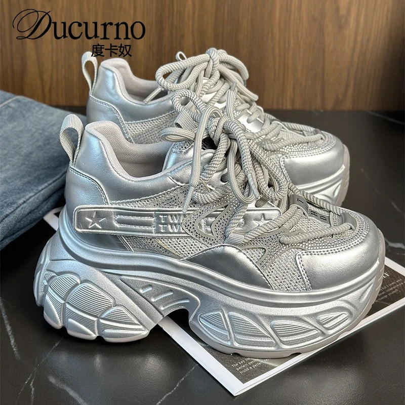 真皮厚底增高老爹鞋女网面透气运动鞋2025春季新款银色松糕休闲鞋