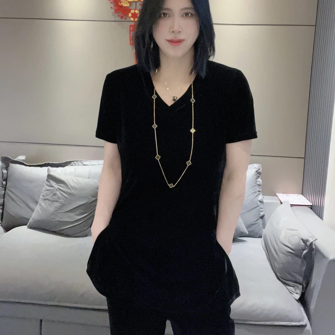 【淇淇】➕欧韩货慵懒高级时尚百搭丝绒V领两侧开叉短袖中长款衫