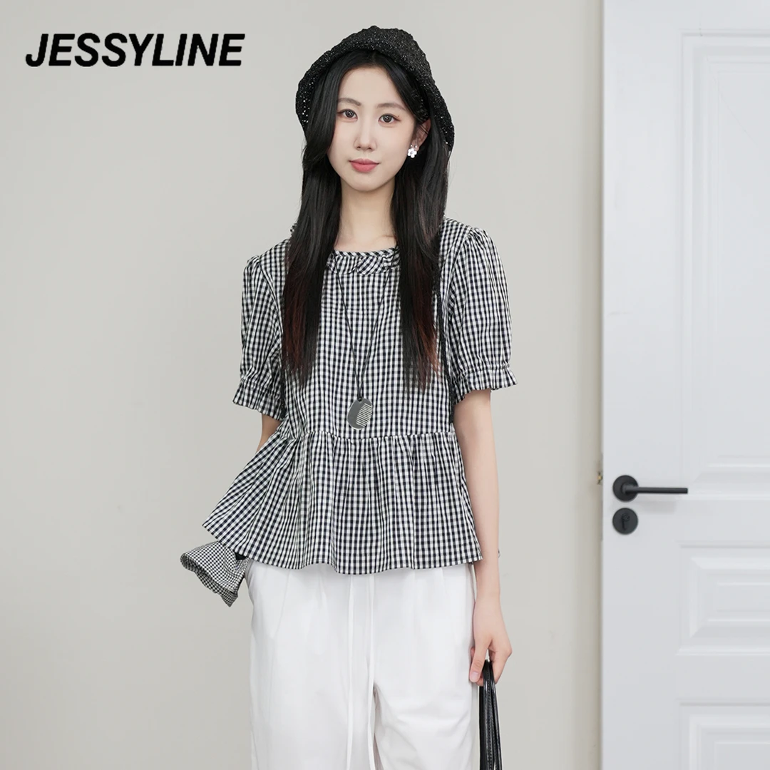 jessyline 2025夏季新款 杰茜莱黑白格子衬衫小衫显瘦百搭时尚