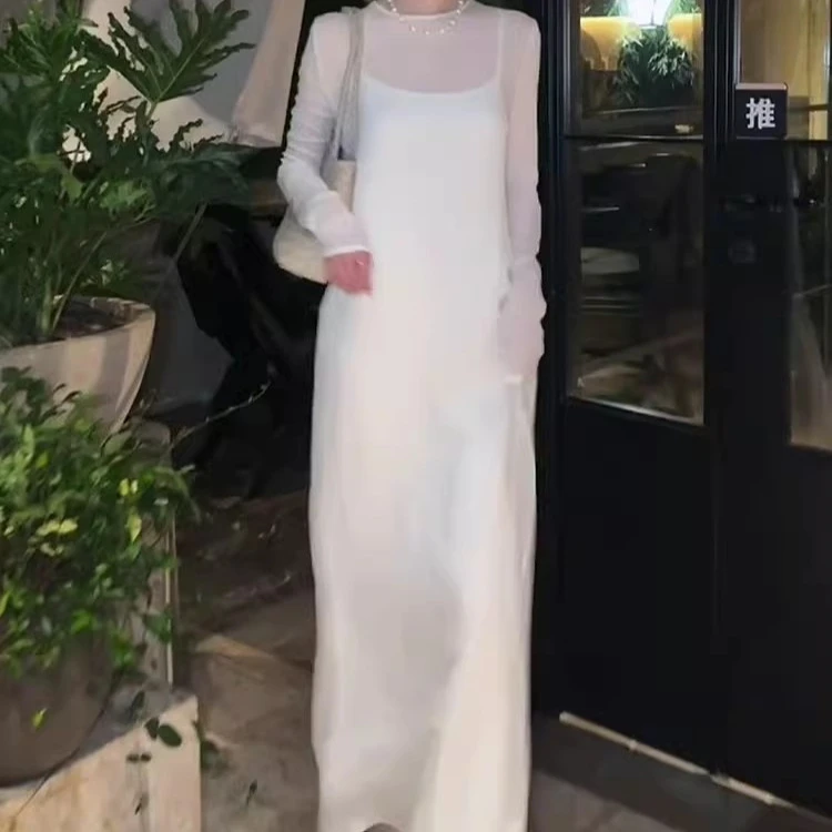 2025新款夏法式高级感海边渡假轻熟连衣裙白色吊带防晒长裙两件套