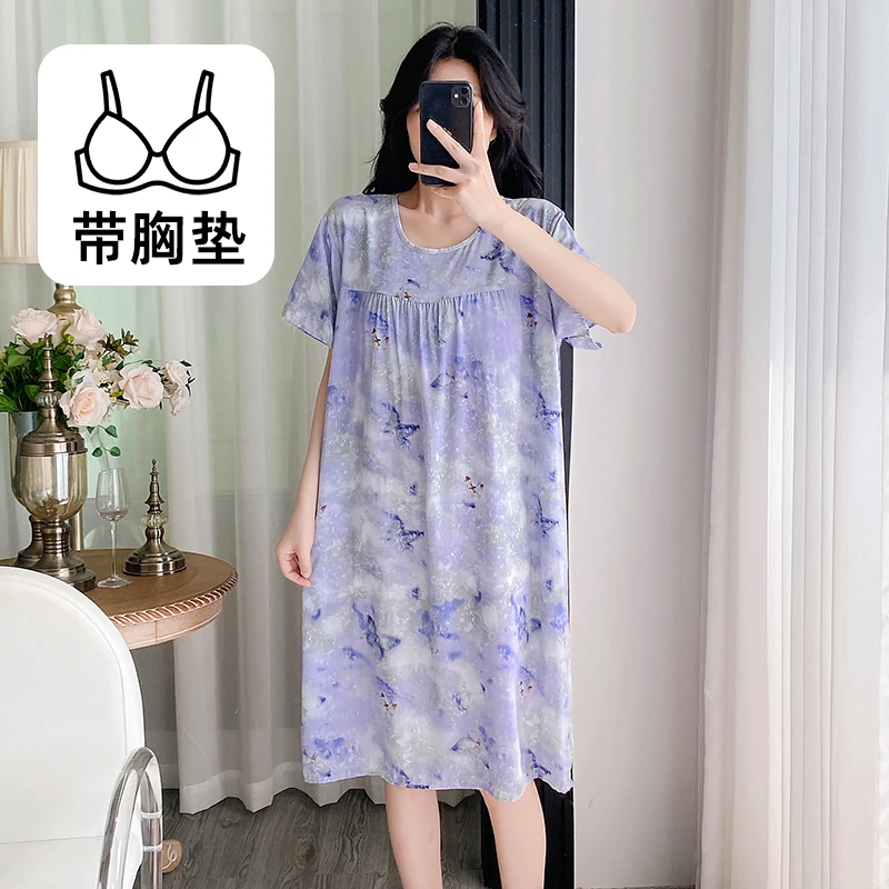 带胸垫妈妈装棉绸睡裙夏季防凸点外穿薄款短袖宽松大码绵绸连衣裙