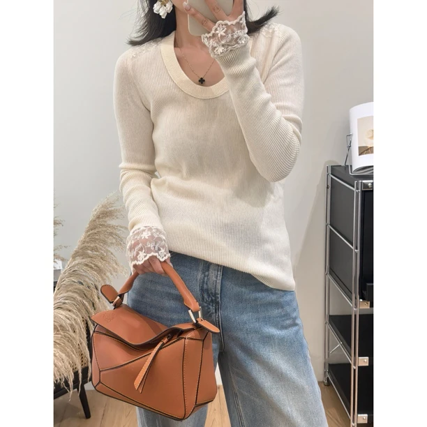 【法式U领蕾丝拼接针织长袖】时尚百搭气质优雅纯色针织衫上衣女