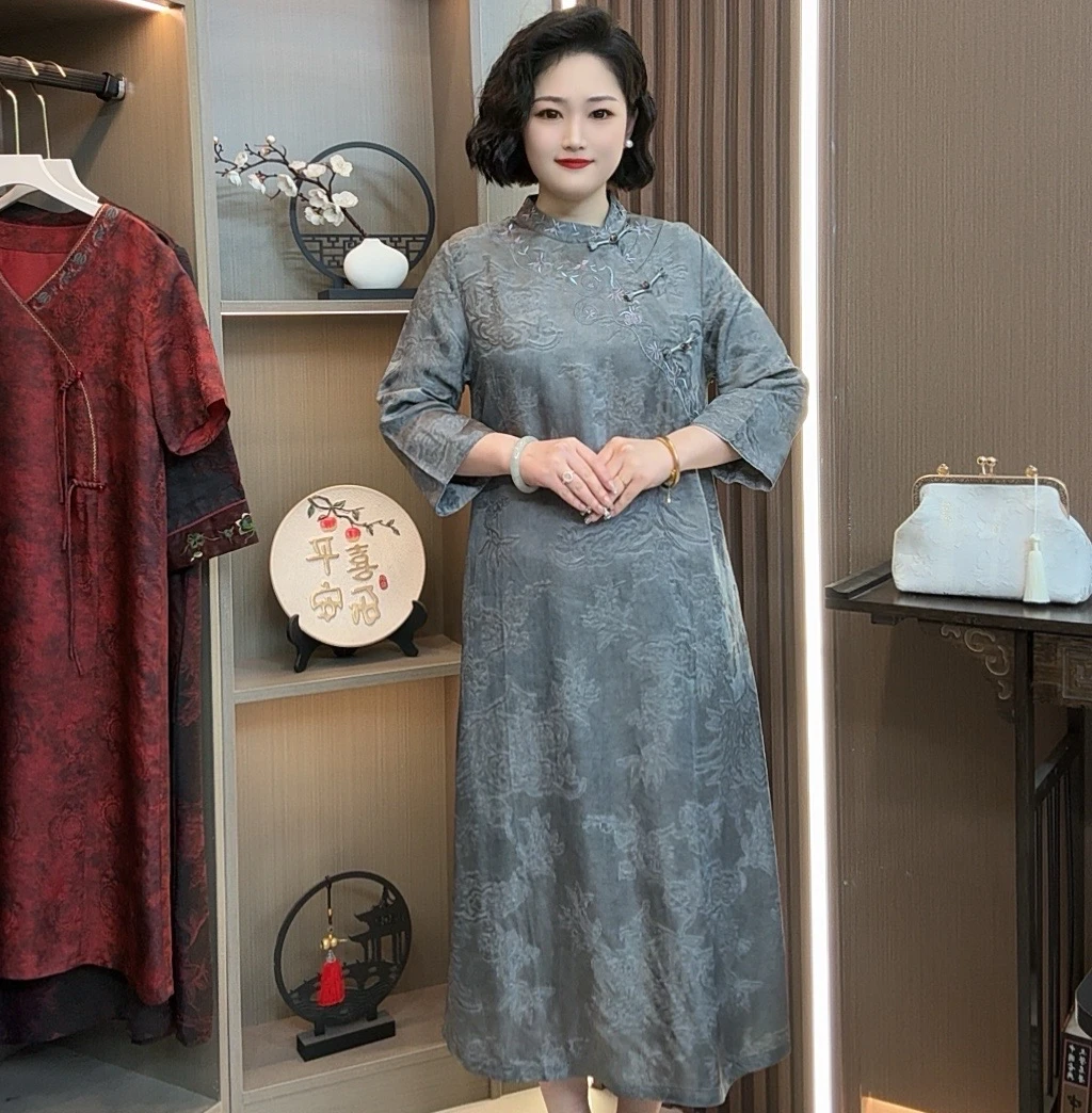 【温柔】2025新款夏季高端时尚重磅素雅新中式风格遮肉显瘦连衣裙