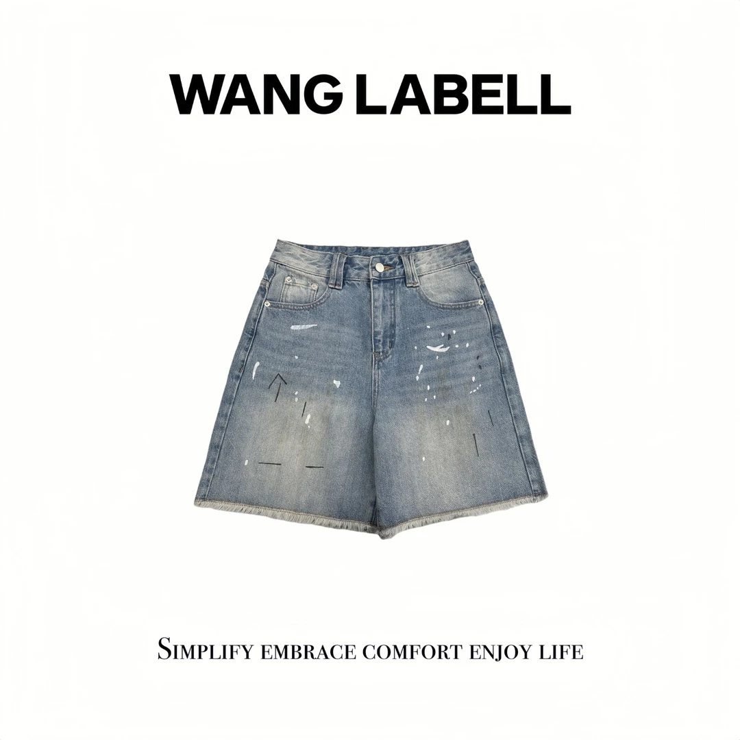 【王斌家】 |  油漆涂鸦牛仔短裤  时尚夏季复古百搭个性毛边
