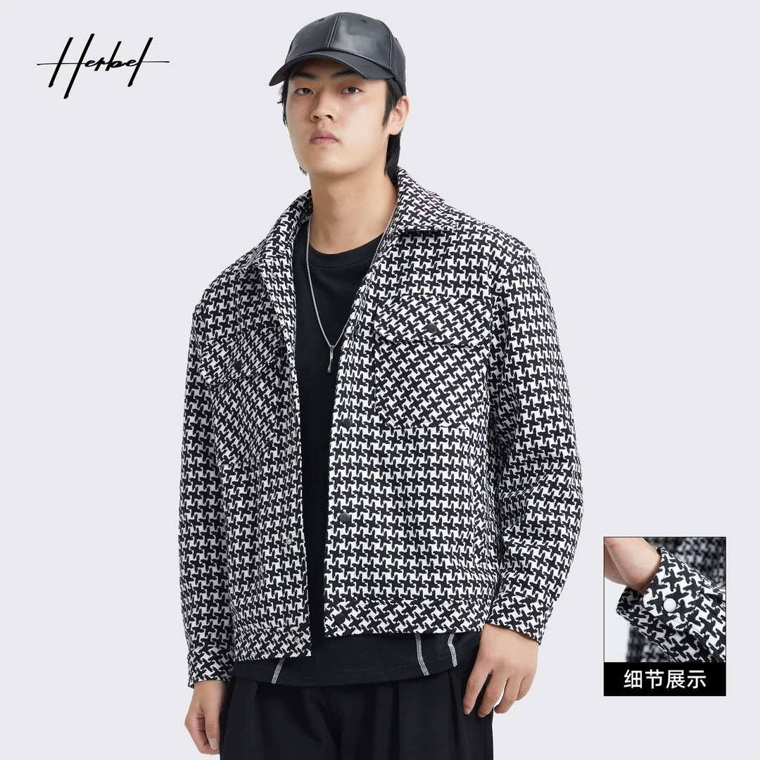 HERBEL/黑白男装春秋男式夹克网格设计款时尚宽松潮流