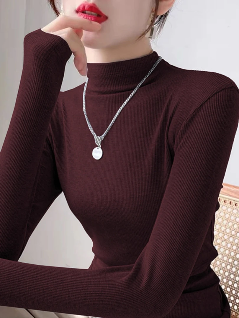 2025半高领长袖T恤女时尚纯色韩版显瘦秋冬打底衫内搭女上衣冬