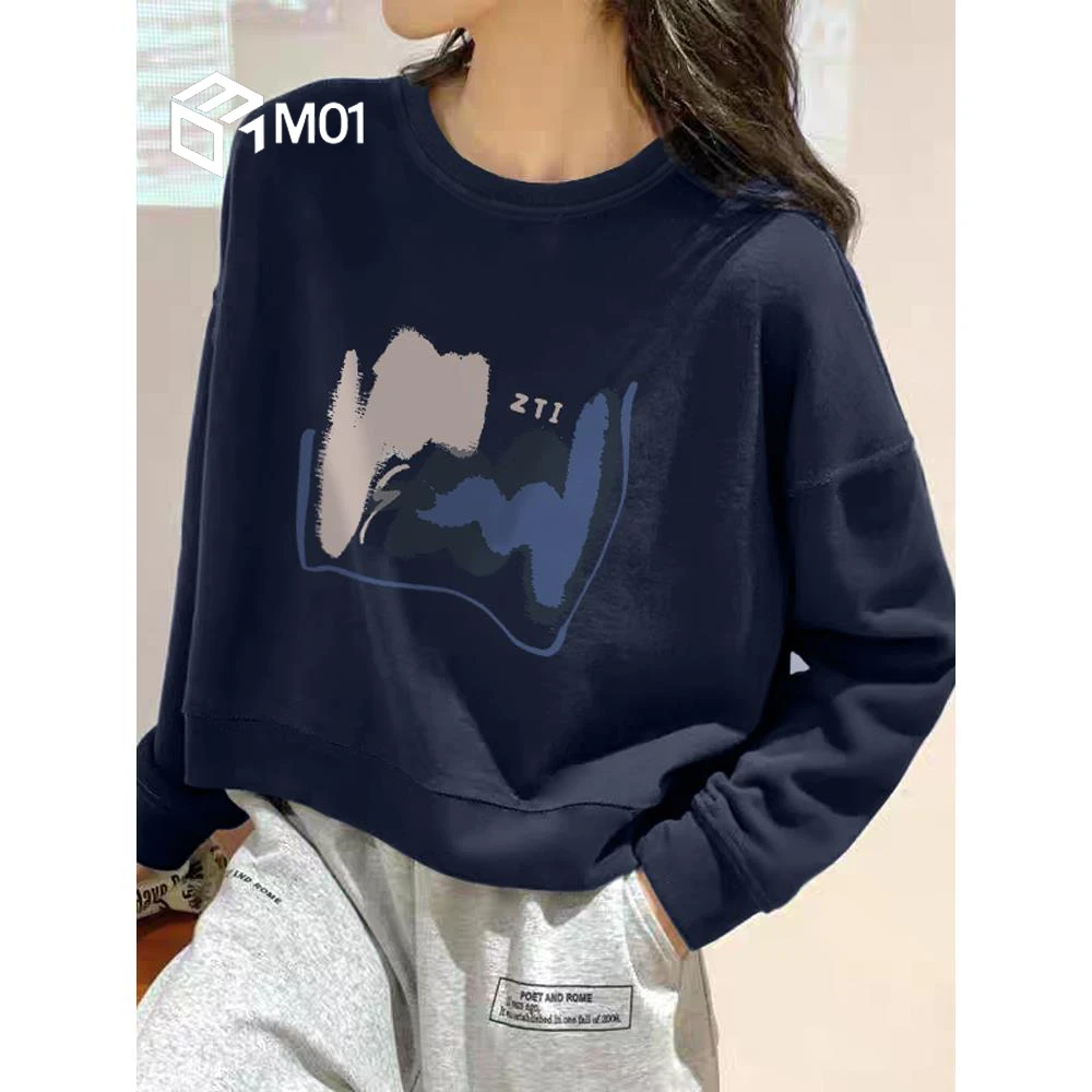 M01藏蓝色短款卫衣女圆领秋季新款宽松显瘦长袖薄款小个子上衣