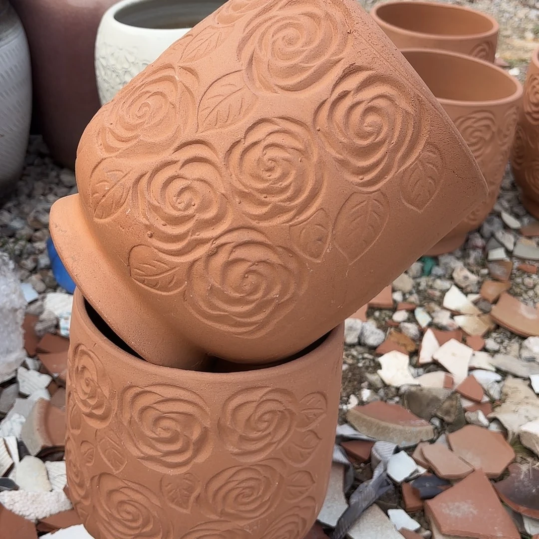 花盆紫砂红陶玫瑰两个口径20高度23