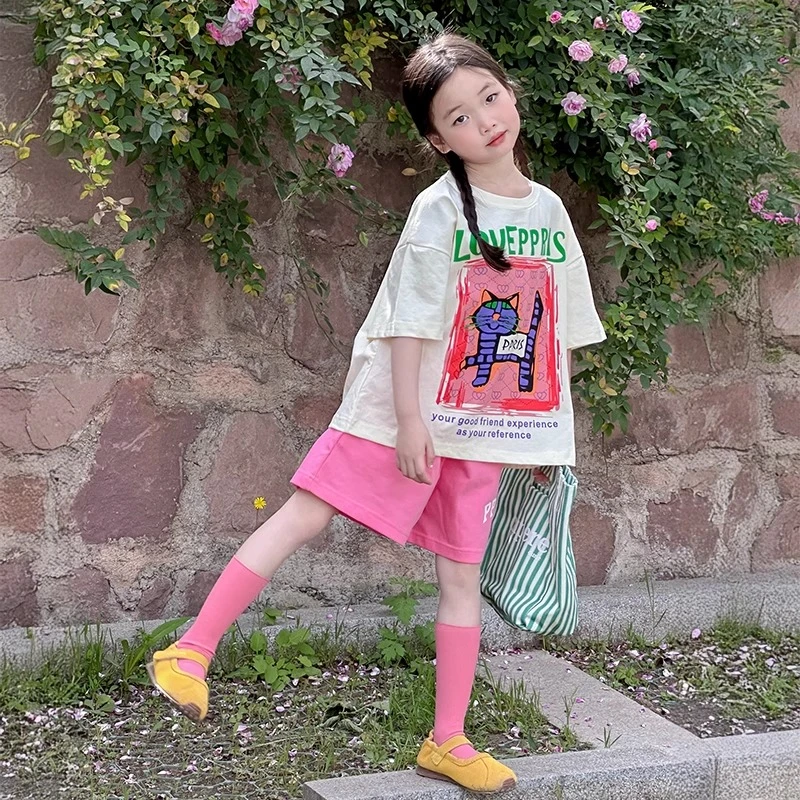 女童夏装套装中大童女孩夏季韩版洋气休闲印花短袖宽松短裤两件套