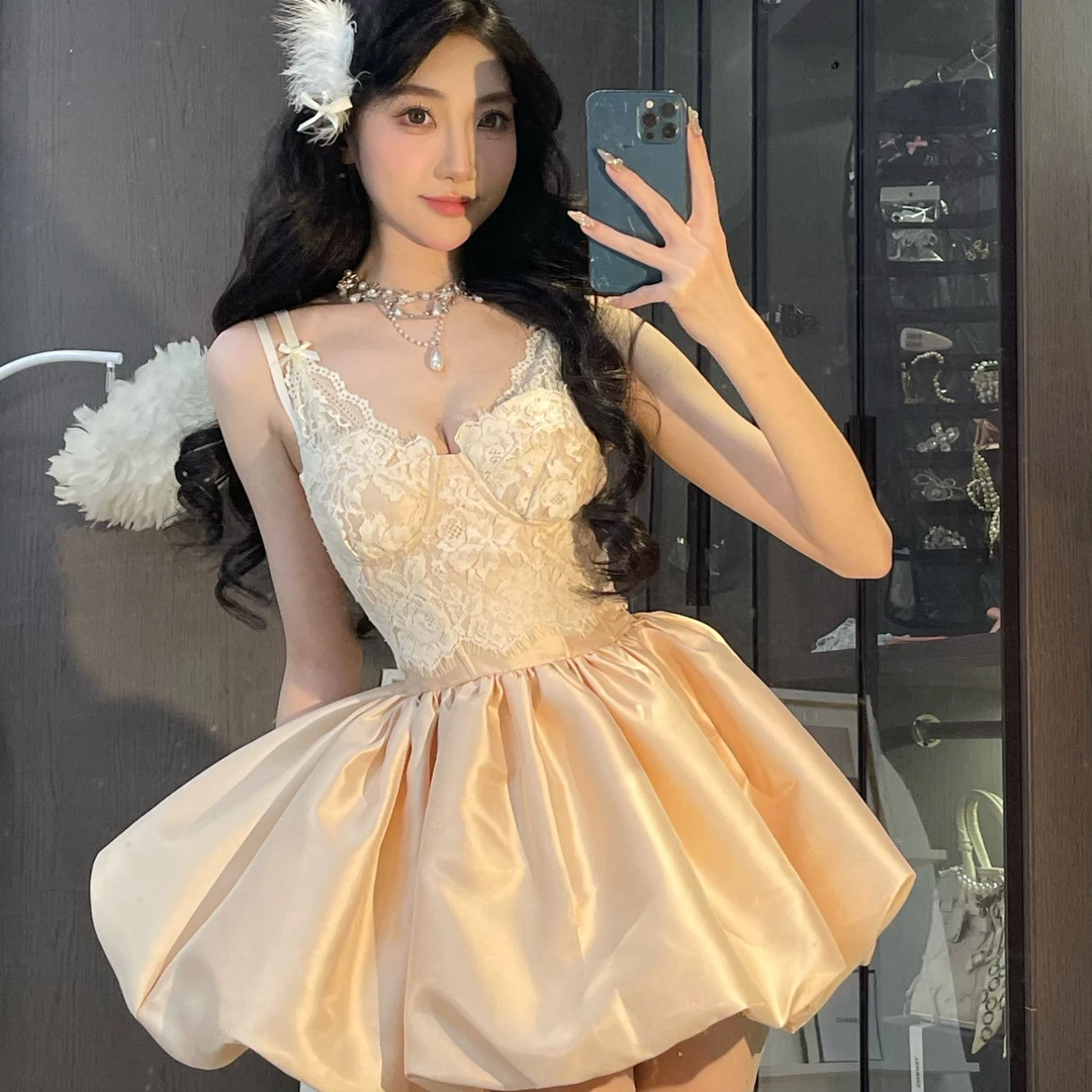 清仓【玛德里之约】春款纯欲风甜美蕾丝复合花苞裙女款连衣裙