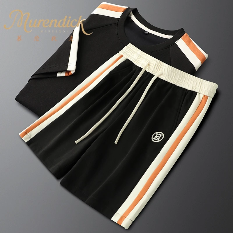 轻奢杏色短袖短裤休闲套装男夏季薄款柔软舒适修身运动男士两件套