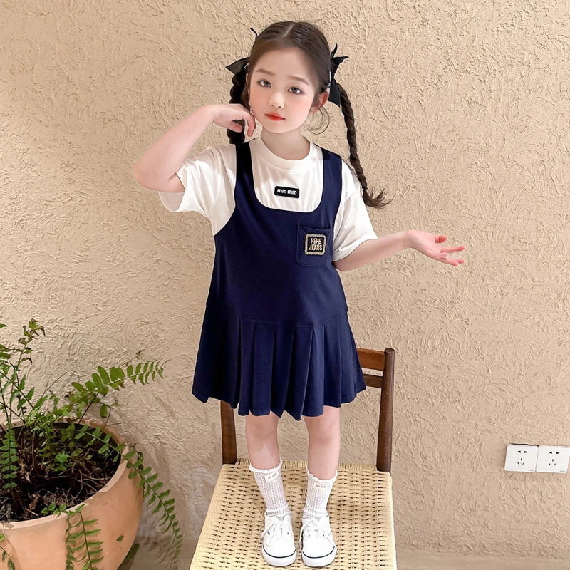 女童假两件连衣裙学院风儿童夏装潮女宝宝短袖裙子洋气小女孩薄款