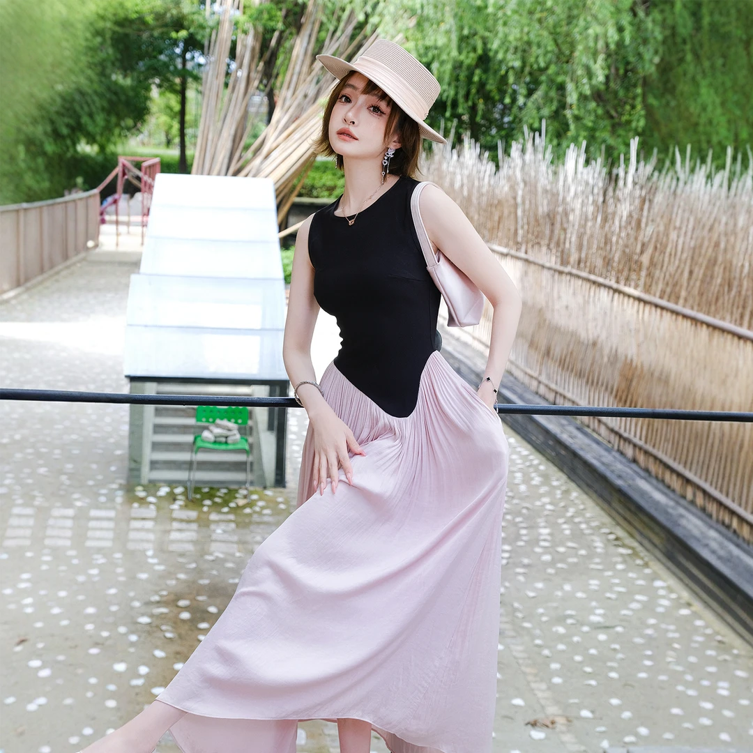 【现货】MICUO海边度假拼接无袖连衣裙修身不规则百褶法式温柔风