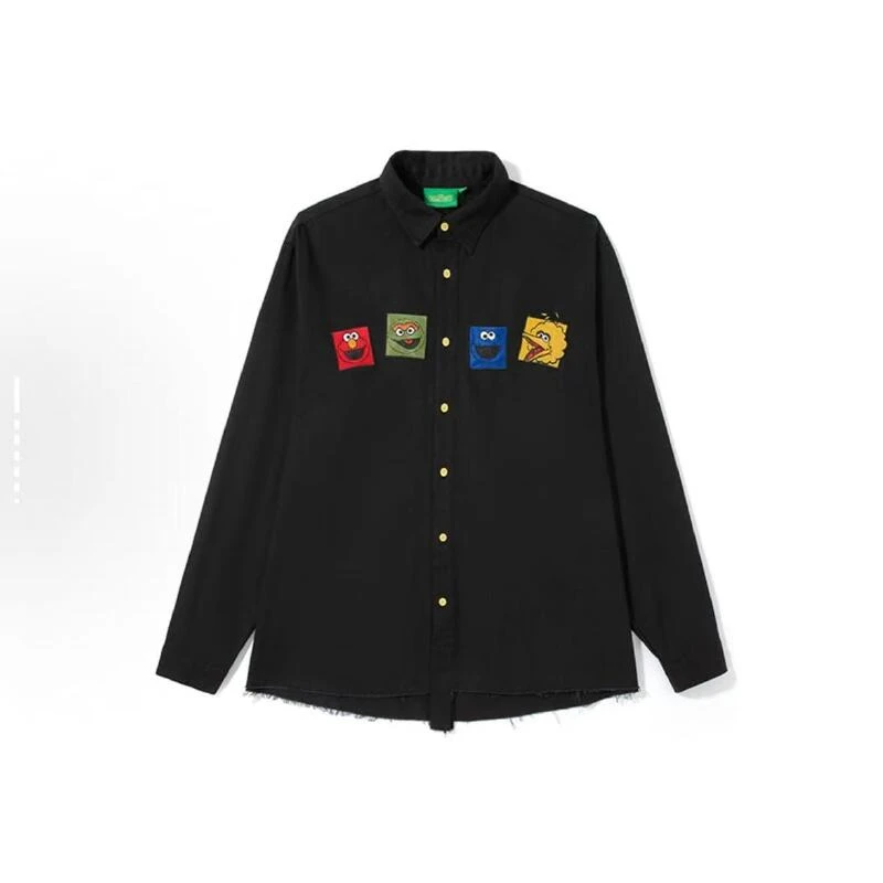 SESAME STREET芝麻街刺绣字母印花做旧宽松开衫长袖衬衫男女同款