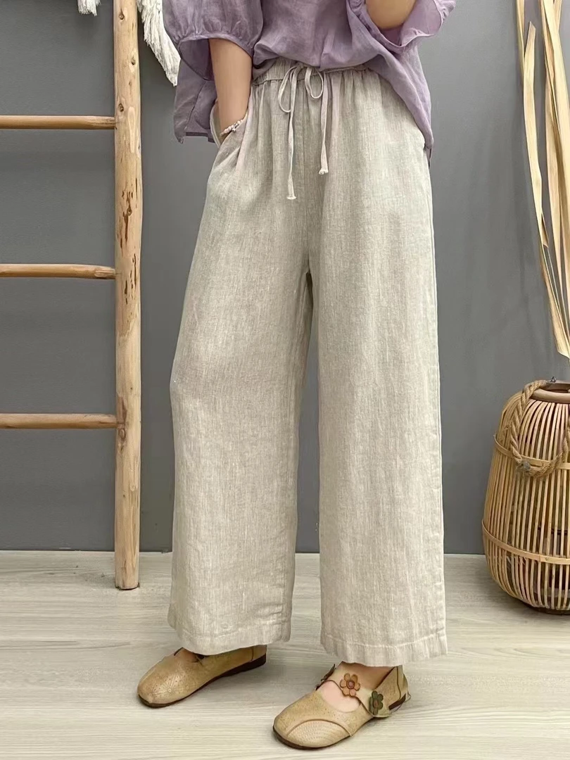 宽松亚麻直筒阔腿裤纯色百搭松紧腰休闲高腰长裤女夏季
