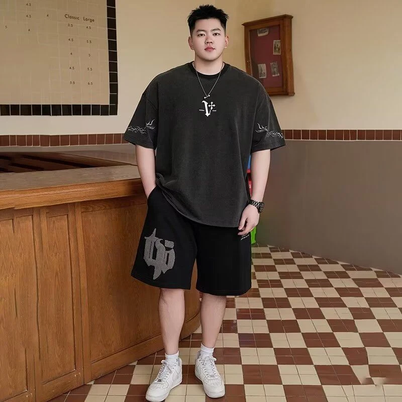 大码男装夏季2025新款水洗做旧短袖男t恤胖子男士圆领半袖休闲服