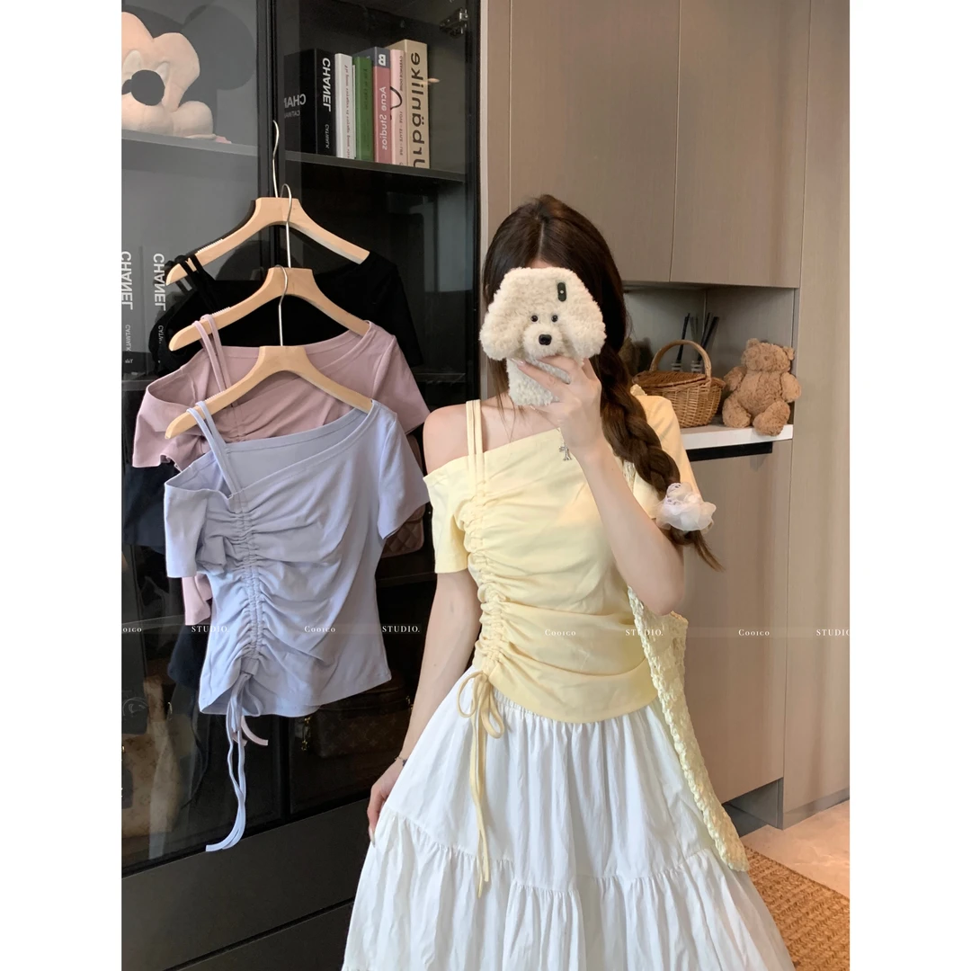 实拍大码一字肩抽绳短袖T恤女夏季2025新款胖mm辣妹锁骨纯欲上衣