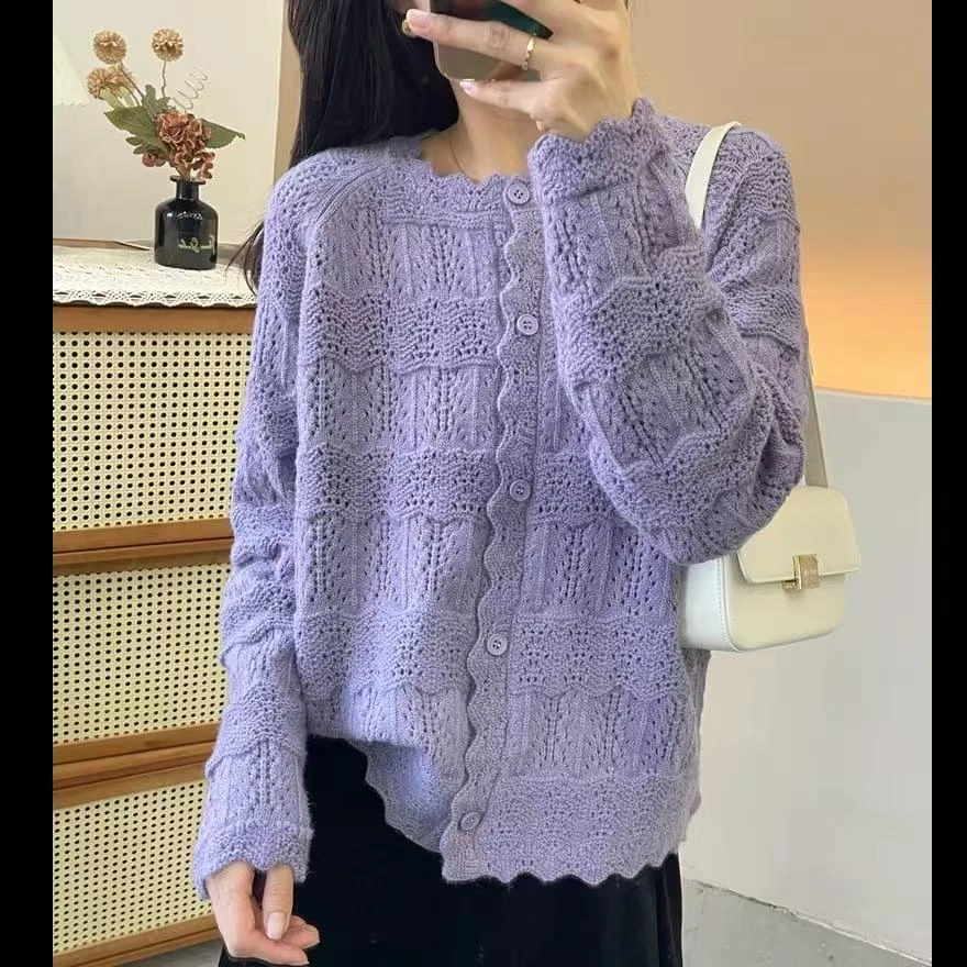 温柔重工钩花花边领针织镂空长袖开衫外套女宽松长袖针织衫百搭