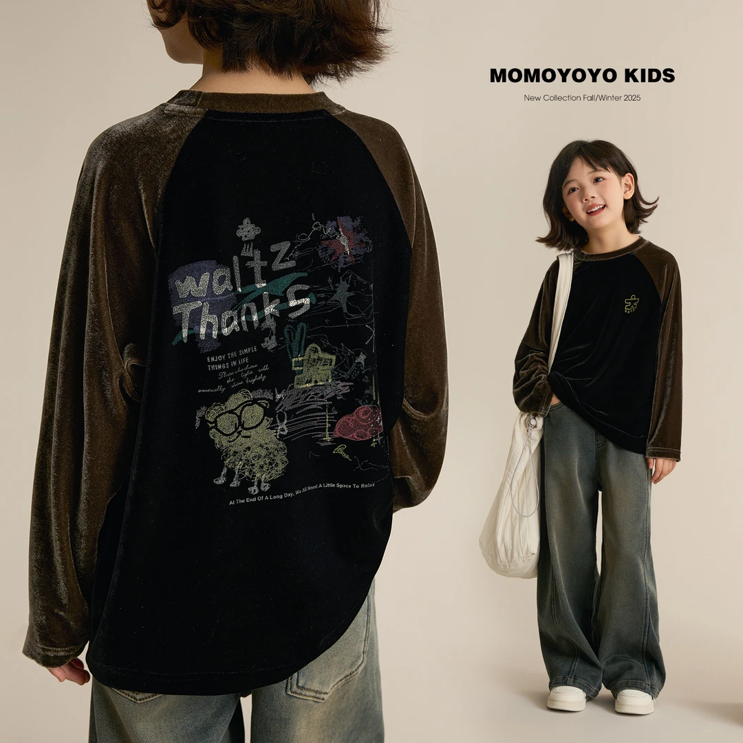 辰辰妈【趣味丝绒】秋季女童插肩袖丝绒T恤儿童趣味印花上衣8669D