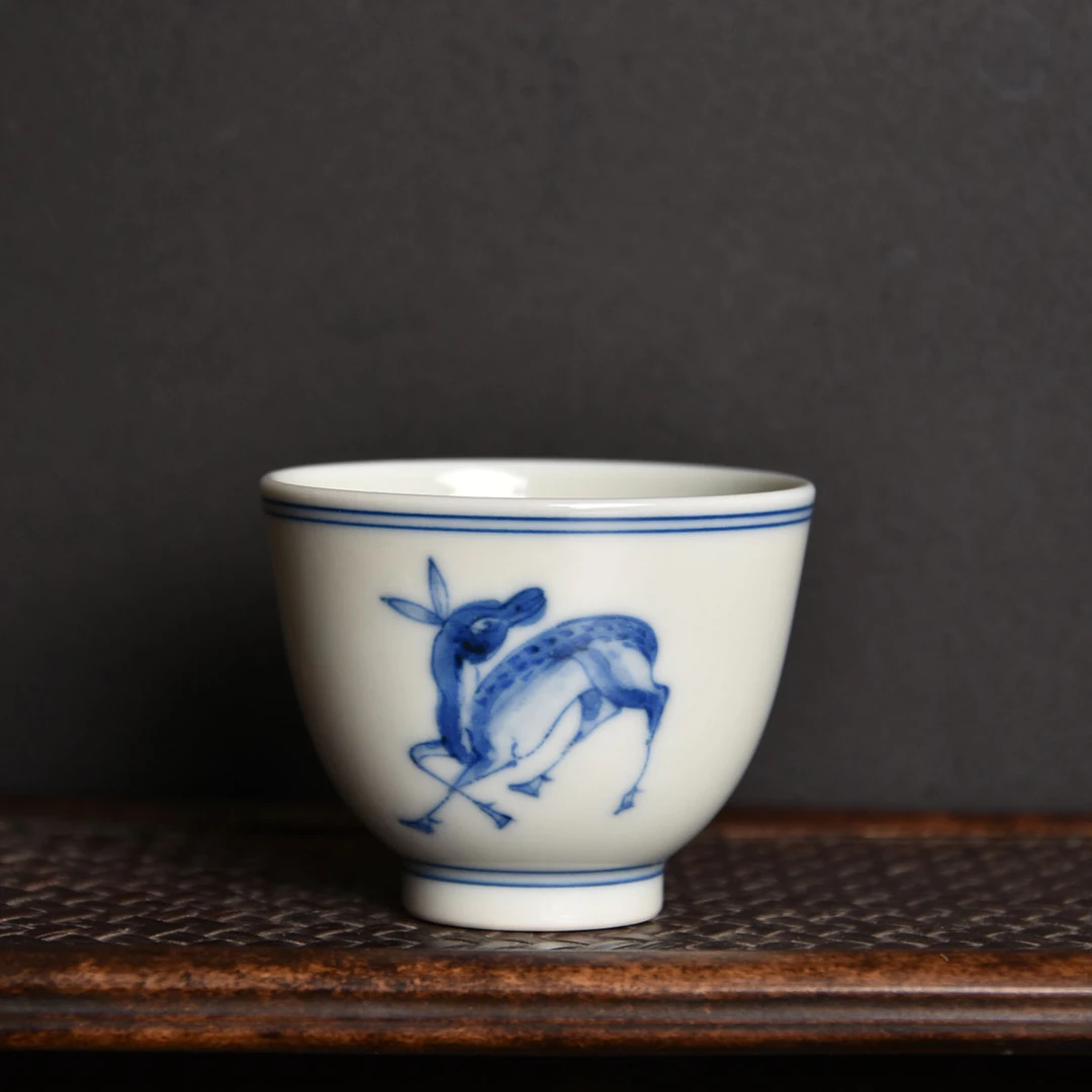 YR040景德镇陶瓷柴窑茶器仿明官窑青花鹿纹杯茶杯一口杯
