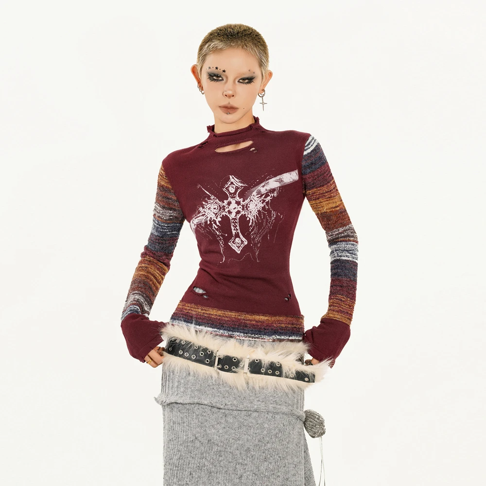 奶酷墨莉【现货】原创设计感拼色针织毛衣女修身辣妹上衣女NK250