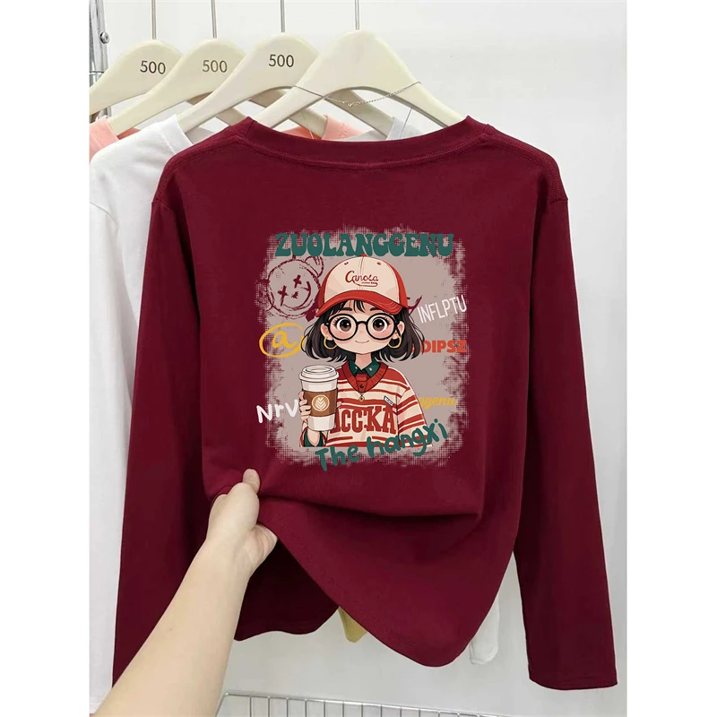 胖mm正肩洋气圆领小女孩印花长袖T恤女秋季打底衫大码显瘦上衣服