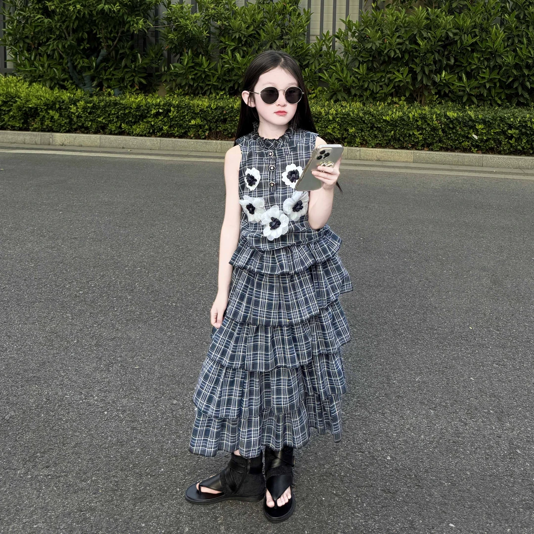 女童无袖半身裙套装夏季2025新款儿童洋气时髦薄款格子裙夏装日常