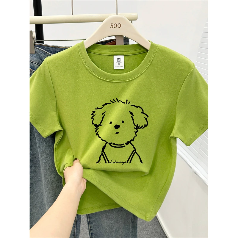 大码女装正肩短袖t恤2025夏季新款胖MM可爱小狗印花百搭显瘦上衣