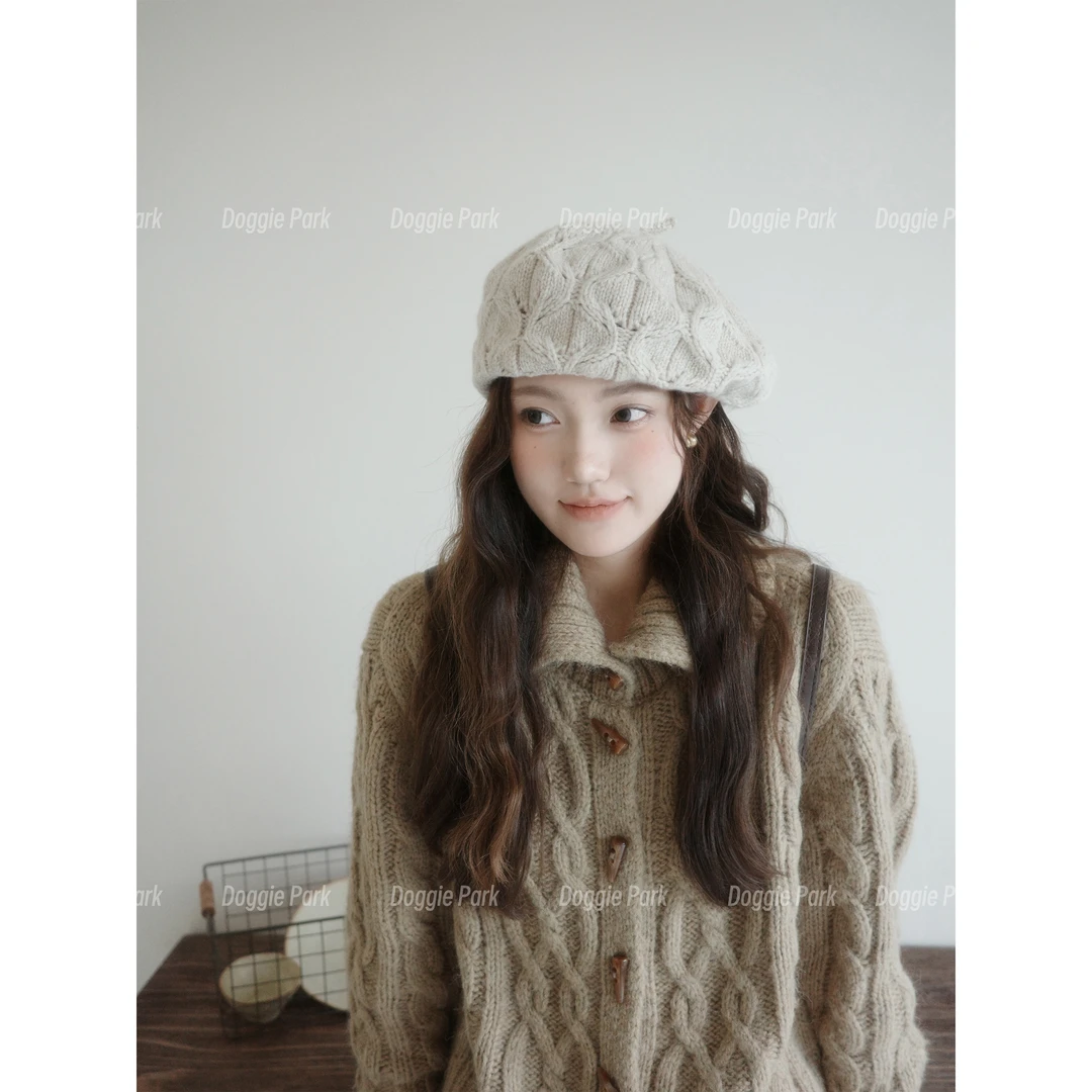 狗狗公园｜复古麻花羊毛针织贝雷帽秋冬百搭韩系报童帽显脸小