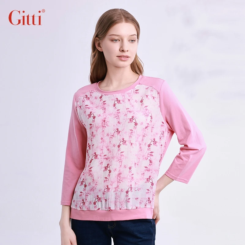 Gitti/吉蒂T恤女棉质圆领印花宽松显瘦百搭七分袖上衣G245019