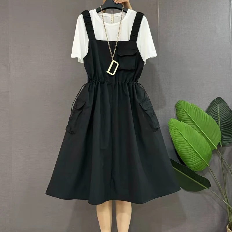 爆款大码春季新款胖MM显瘦气质背带裙半袖套装女时尚减龄两件套潮