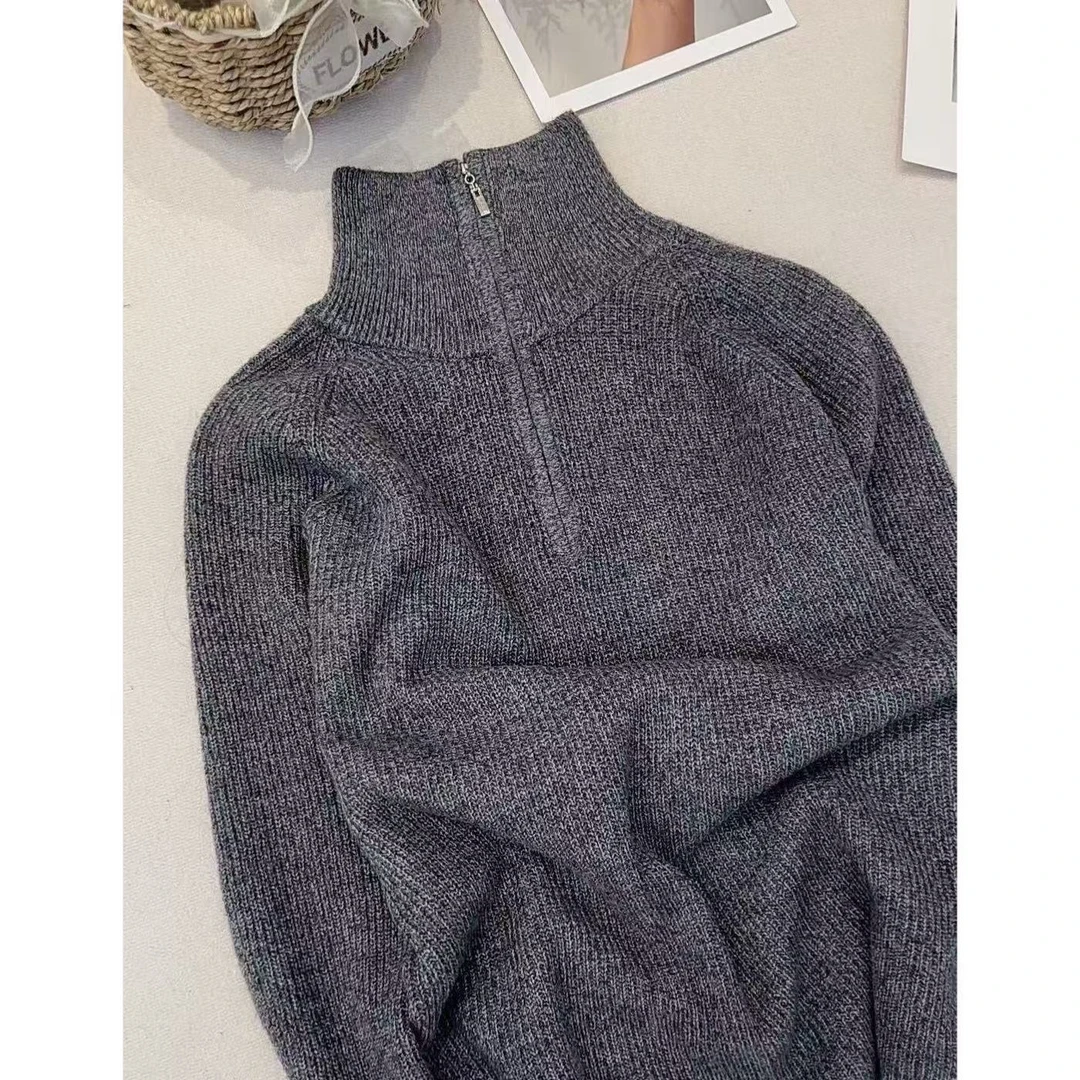 【松露浅灰】翻领针织休闲半高领拉链加厚秋冬套头毛衣