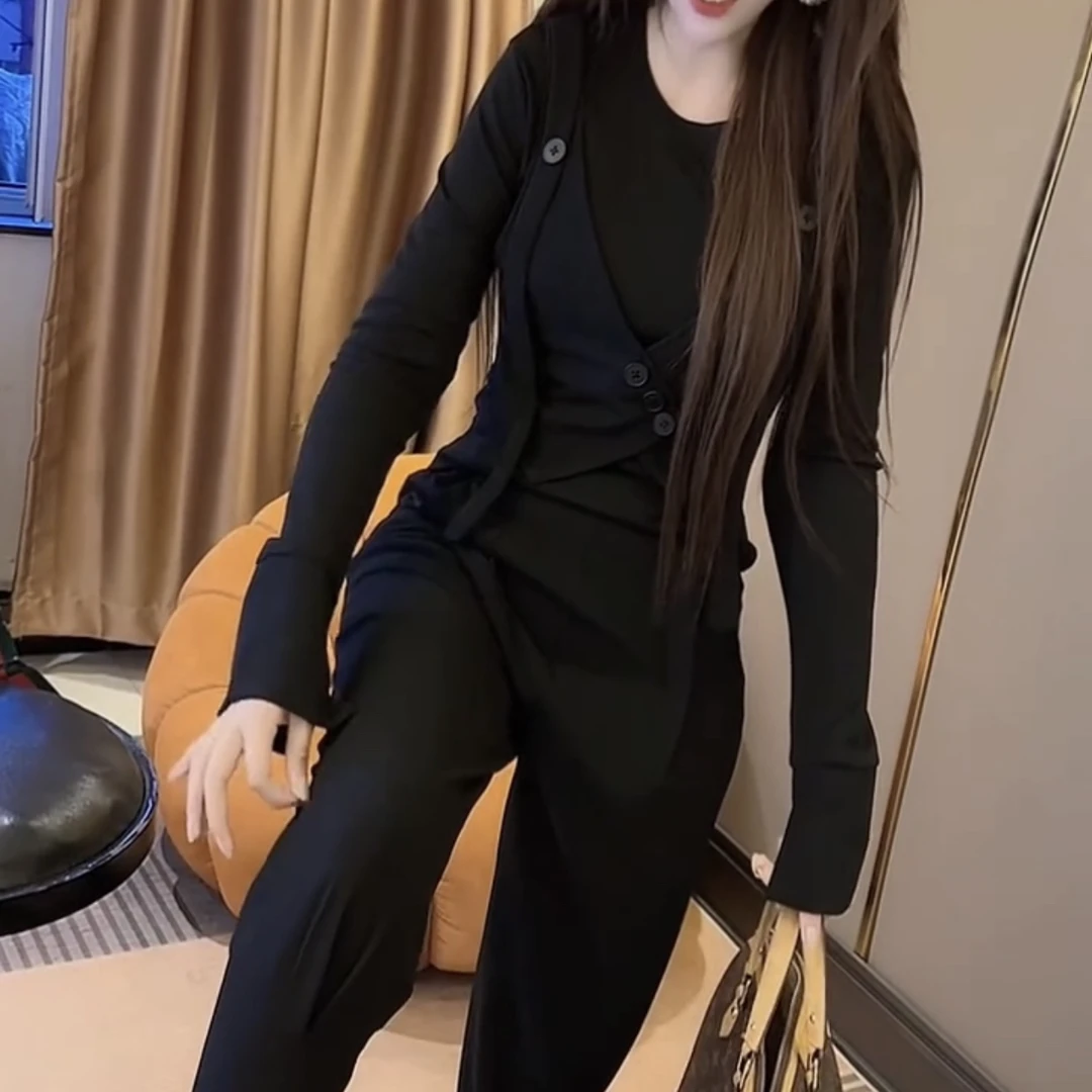 新款时尚哈伦裤搭配假两件上衣套装两件套