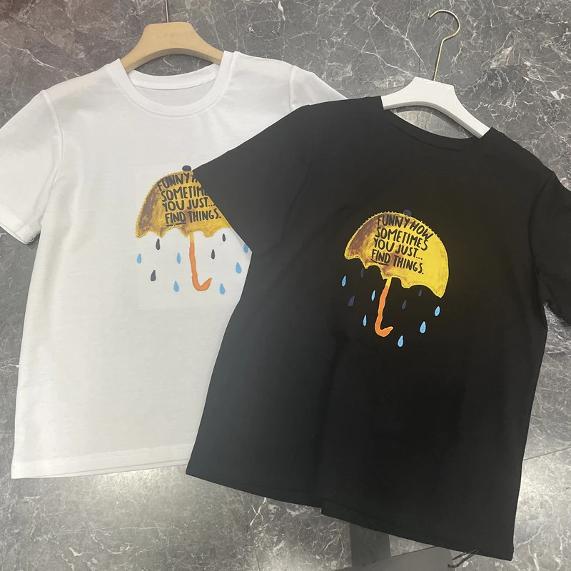 小雨伞印花纯棉高品质大版夏季短袖T恤女宽松休闲时尚纯棉中长款