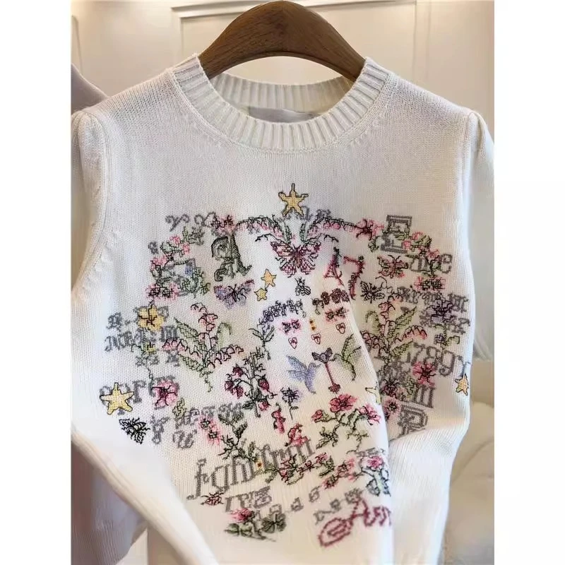 小香风莫奈花园花卉针织上衣2025夏季新款气质修身高级感短袖上衣