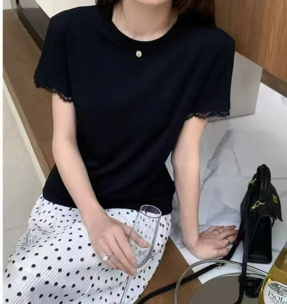 055春夏季新款蕾丝拼接修身显瘦百搭短袖T恤女