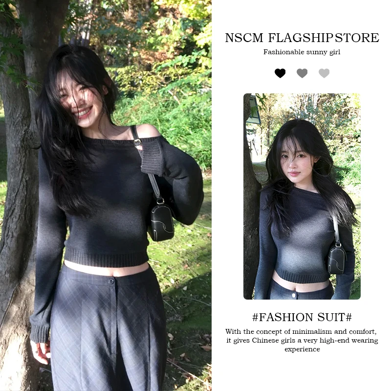 NSCM秋季新款韩版日常通勤斜肩短款针织衫慵懒风修身上衣高腰长裙