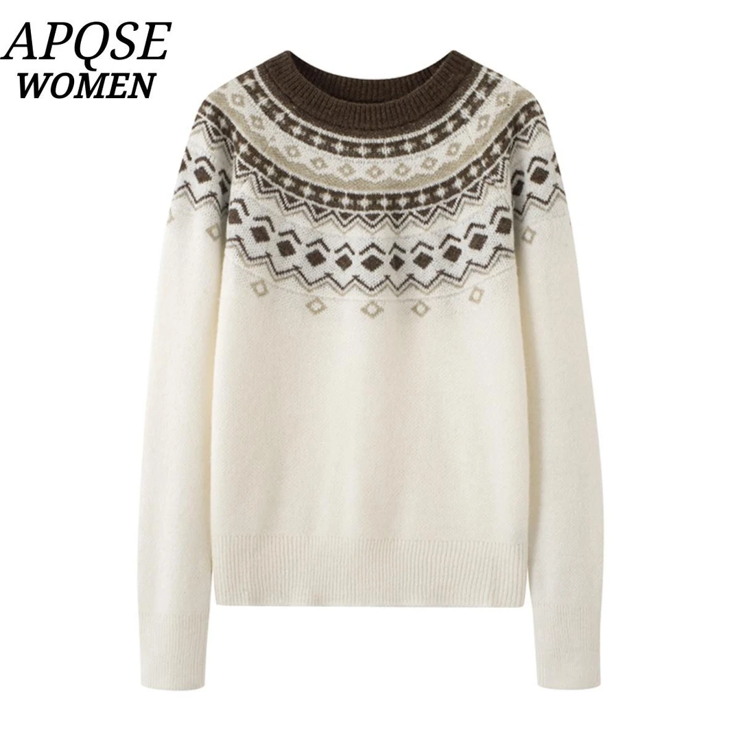 【诗家同款】2025冬新款复古几何图案费尔岛风提花针织衫毛衣女3171