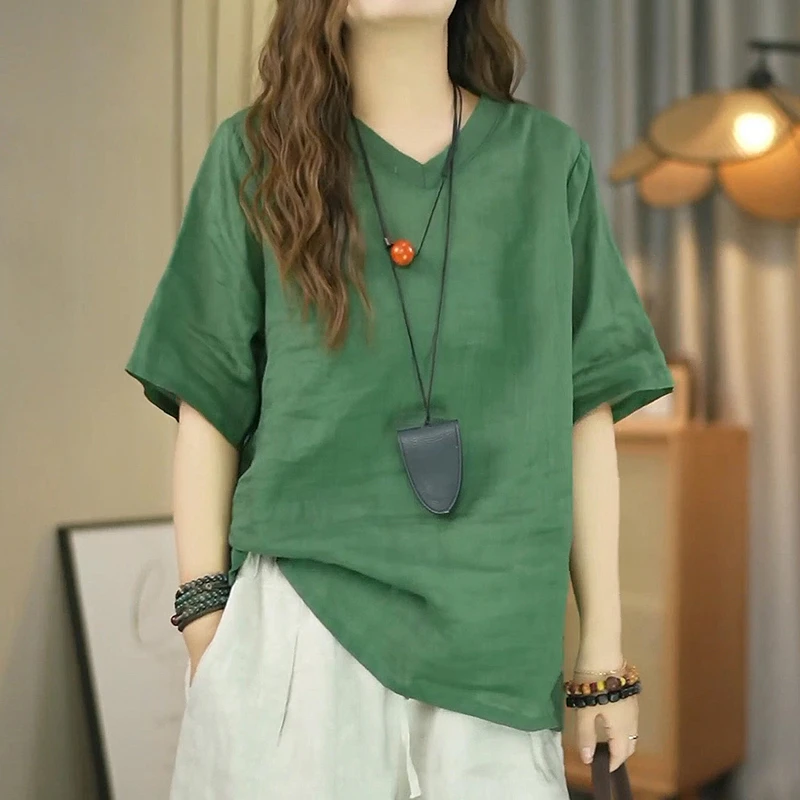 夏季新款V领短袖极简风T恤衫女文艺休闲宽松慵懒风舒适纯色上衣Y