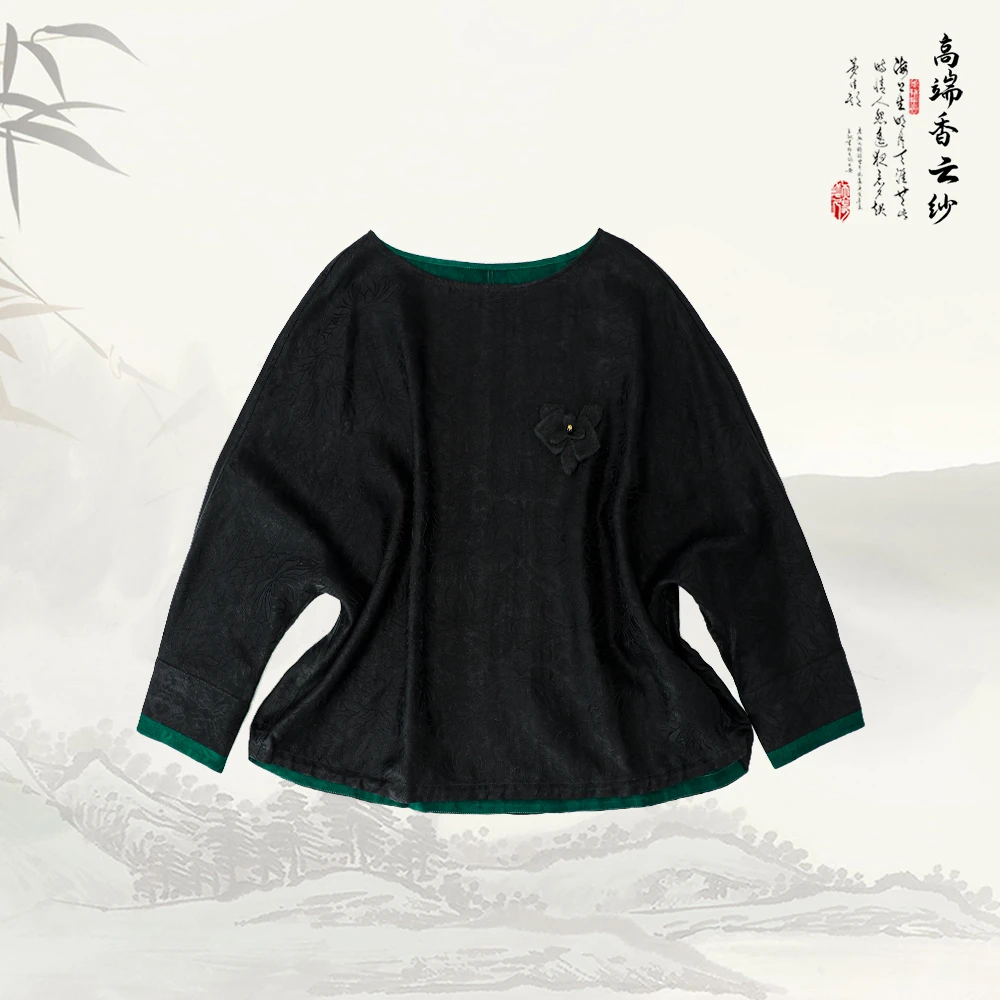 品牌新款香云纱复古圆领宽松显瘦长袖上衣529185