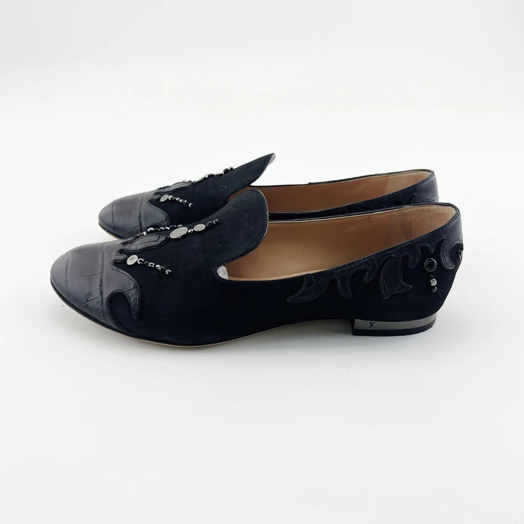 95新 LouisVuitton/路易威登 36码/黑色绒面平底鞋/14141904