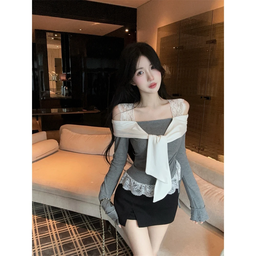 法式小心机辣妹性感露肩蕾丝拼接小众假两件抽绳上衣气质长袖短款