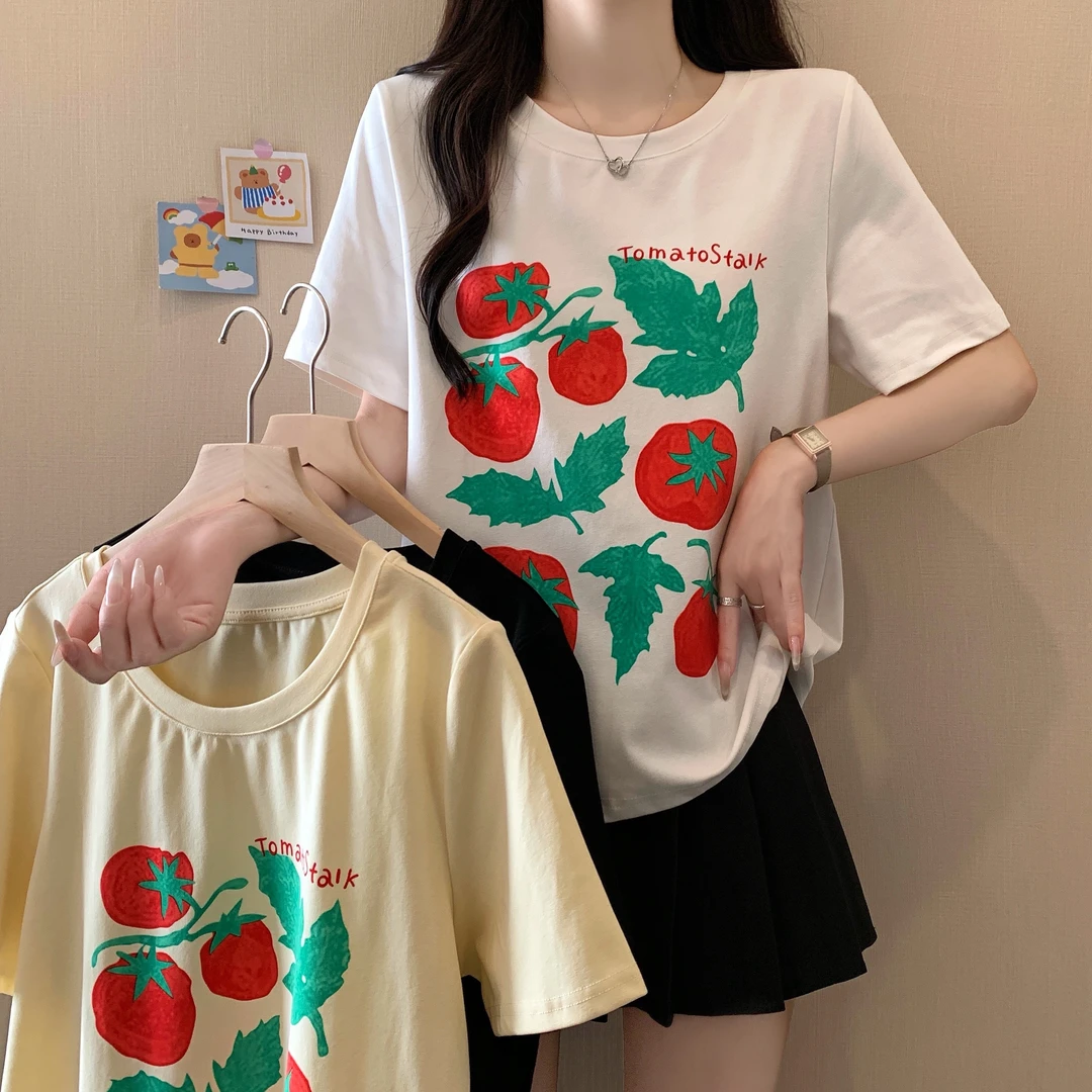 2025大码女装夏季新款番茄印花宽松显瘦T恤上衣3173