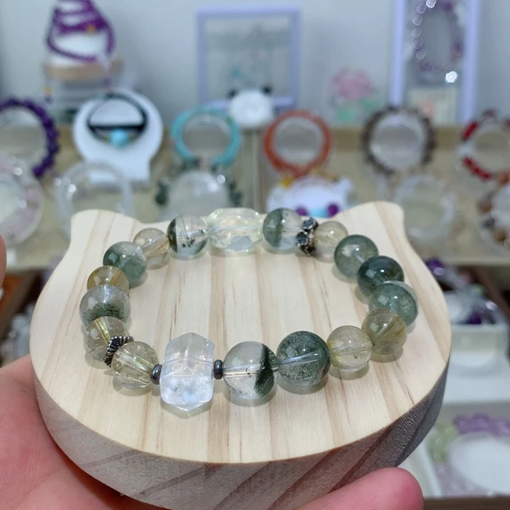 水晶手链银S925镶嵌绿幽灵手串+金发晶手链