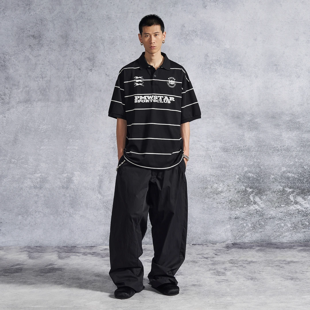 PMW 复古条纹运动POLO衫短袖LOGO印花宽松休闲翻领设计舒适夏T恤