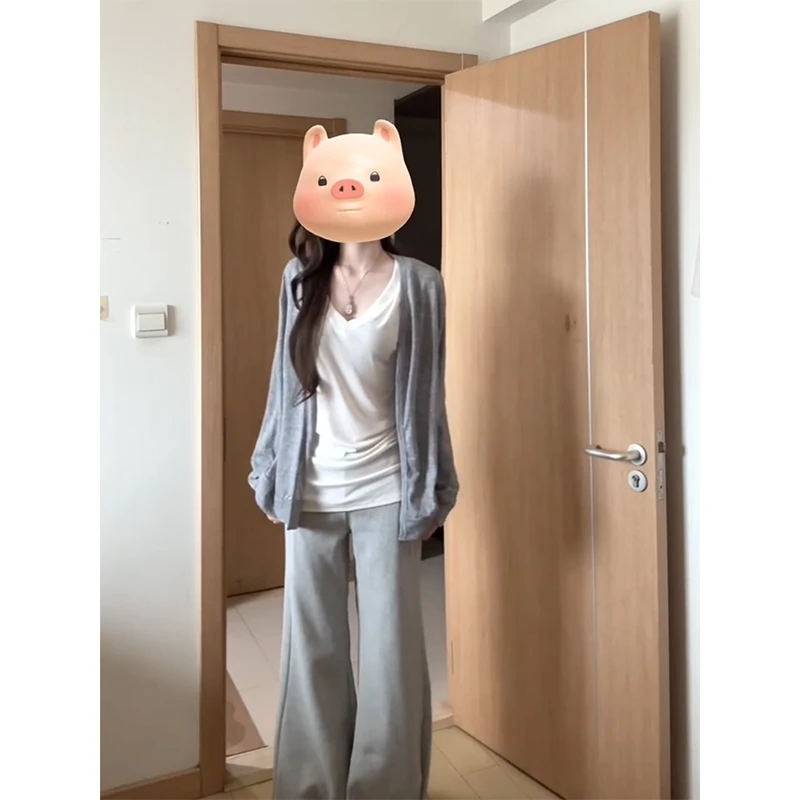 parkyeon秋季新款慵懒风开衫外套短袖T恤上衣宽松阔腿休闲裤套装