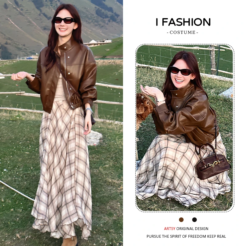 时尚复古港风套装女2025年秋季新款韩版百搭皮衣外套半身裙两件套